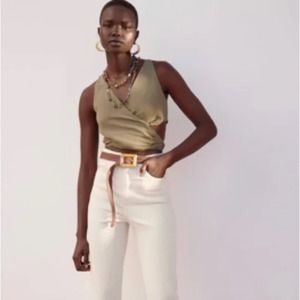 Zara Tan Brown Linen Blend Wrap Cropped Tank Top Size Small